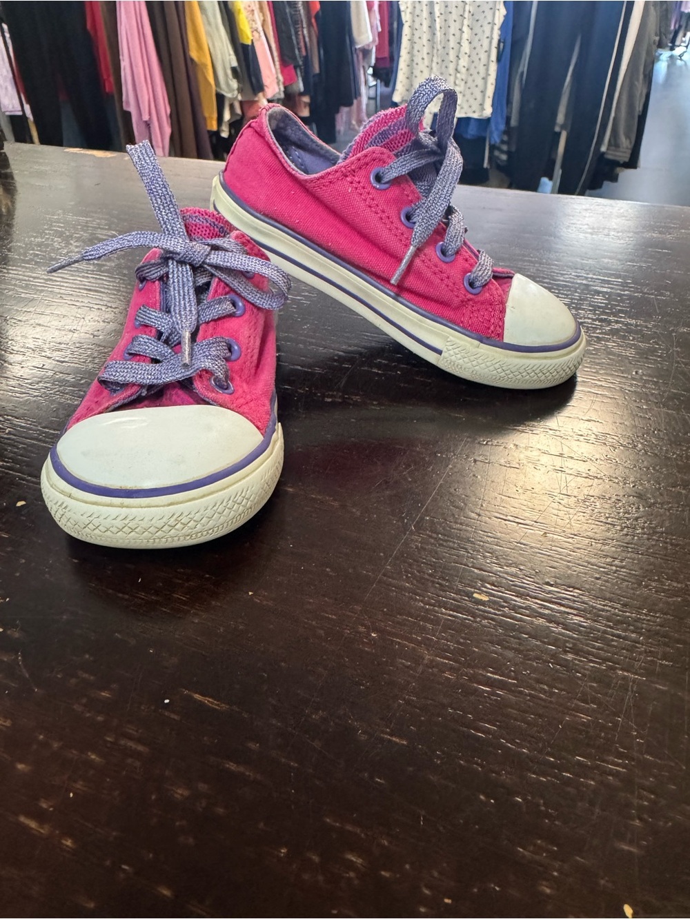 Converse Kids Low-Top Canvas Sneakers in Bright Pink with Purple Laces